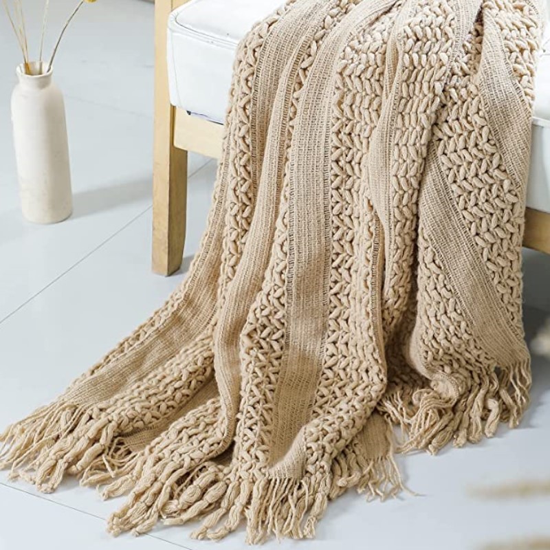 Wool Blanket Herringbone - Nordic Crocheted Khaki Blanket with Tassels