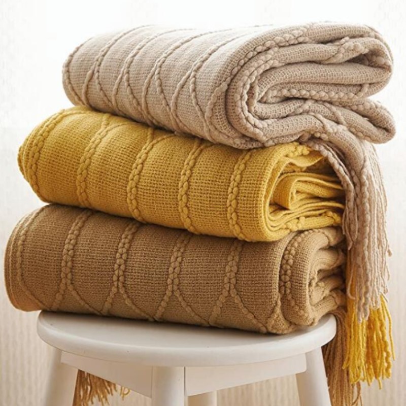 Wool Blanket Herringbone - Boho Woven Throw Blanket with Tassels