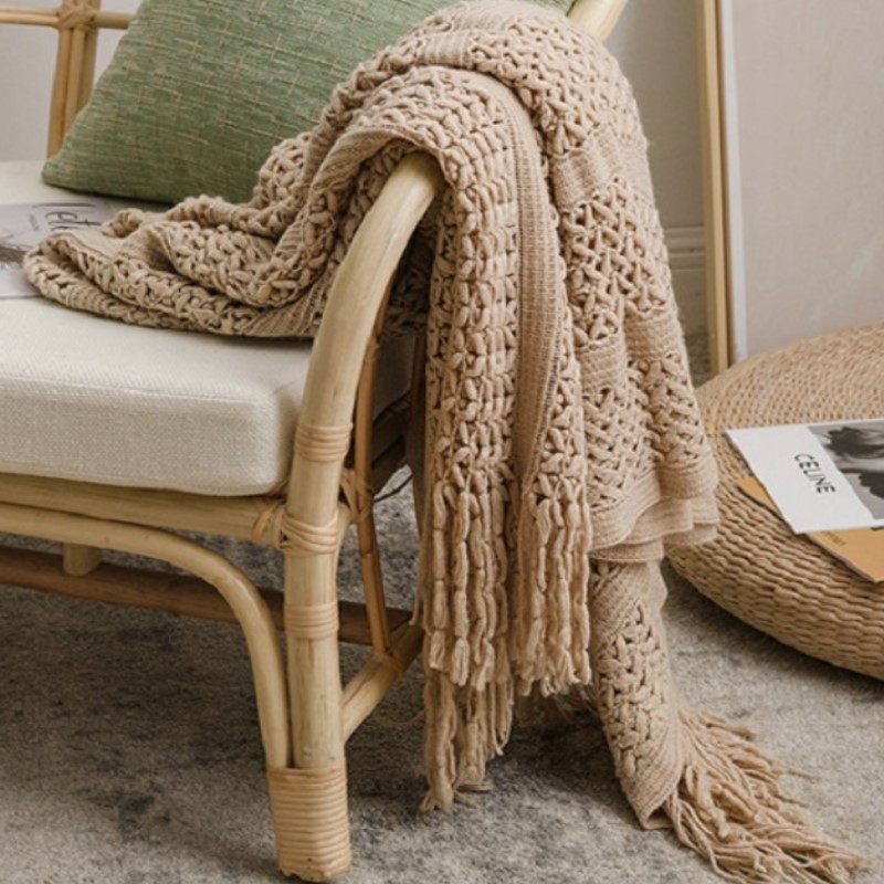 Nordic Crocheted Khaki Blanket - Wool Blanket Herringbone 评论和价格