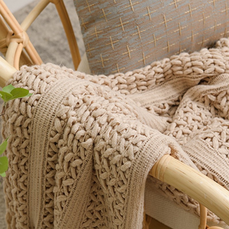 Nordic Crocheted Khaki Blanket - Wool Blanket Herringbone 评论和价格
