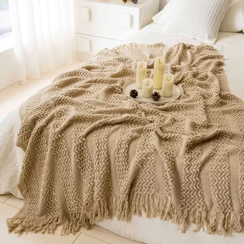 Nordic Crocheted Khaki Blanket - Wool Blanket Herringbone 评论和价格